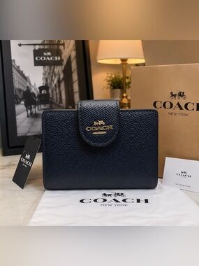 Coach Midnight Saffiano Leather Snap Wallet with Gold Logo